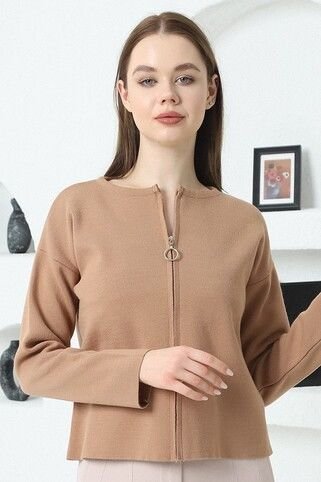 Kadın Kamel Çelik Örgü Fermuarlı Triko Hırka