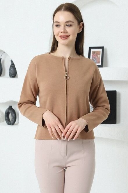 Kadın Kamel Çelik Örgü Fermuarlı Triko Hırka