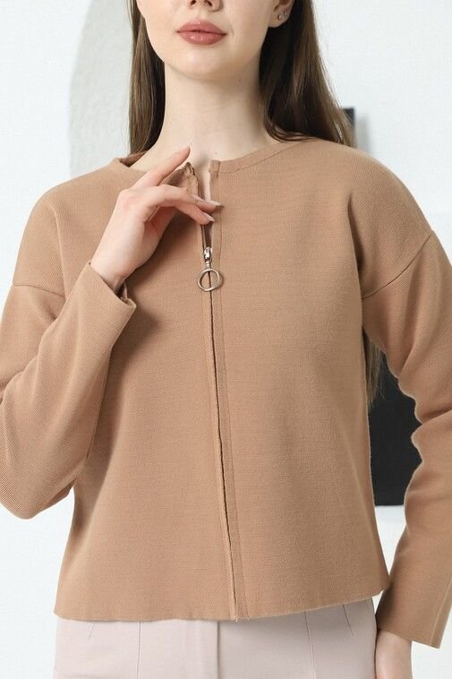 Kadın Kamel Çelik Örgü Fermuarlı Triko Hırka