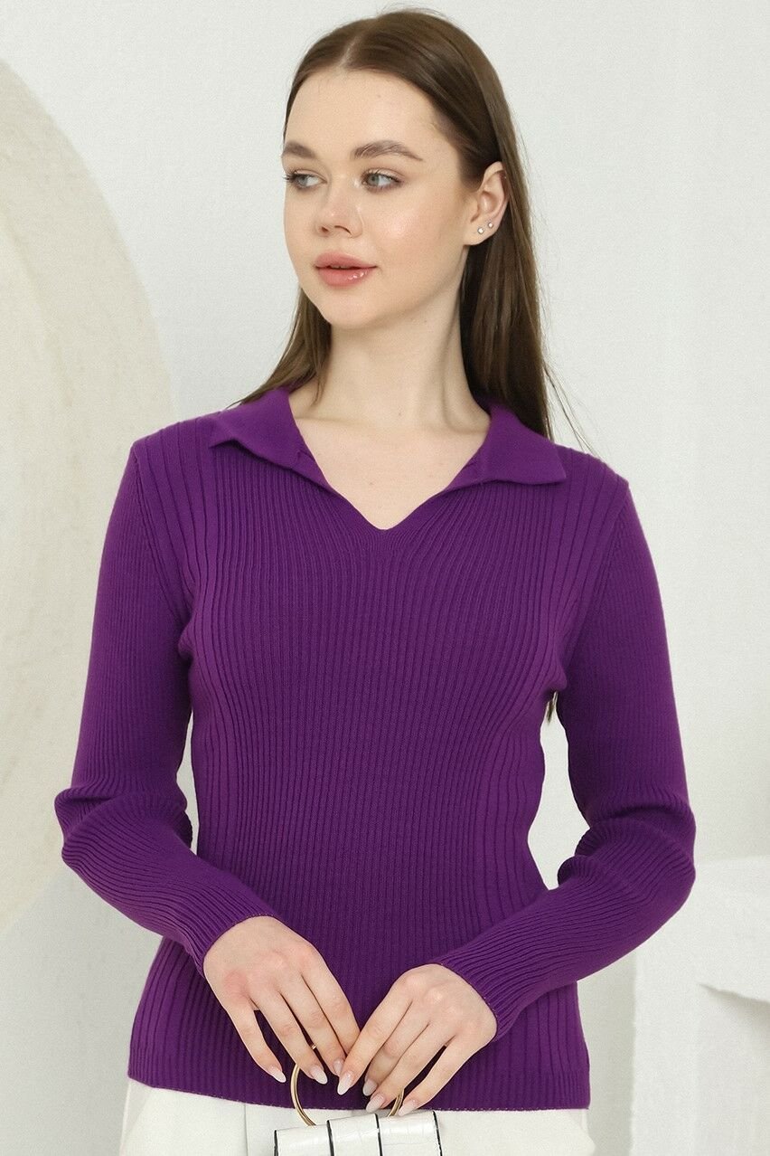 Kadın Mor Polo V Yaka Triko Kazak
