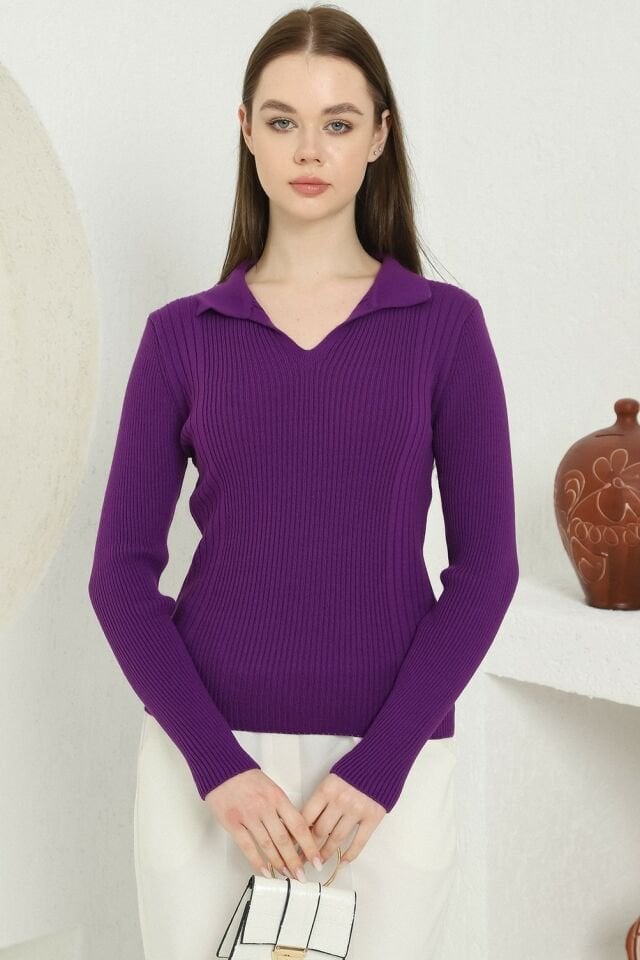 Kadın Mor Polo V Yaka Triko Kazak