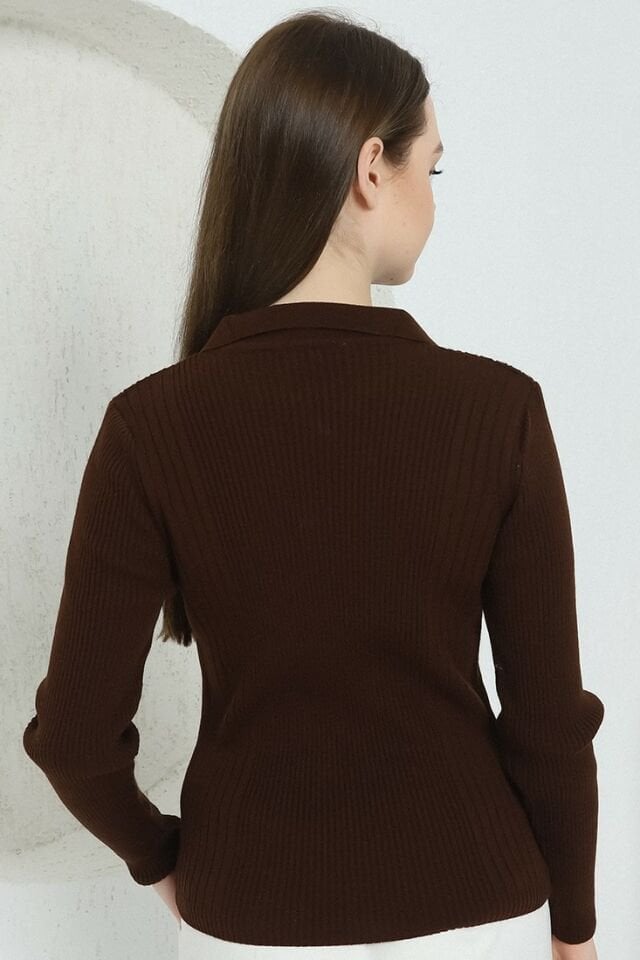 Kadın Kahverengi Polo V Yaka Triko Kazak