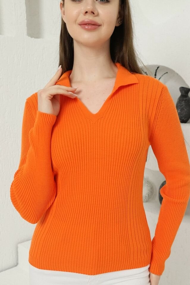 Kadın Turuncu Polo V Yaka Triko Kazak