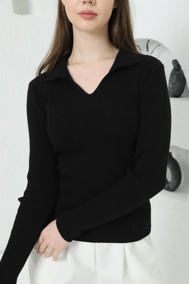 Kadın Siyah Polo V Yaka Triko Kazak