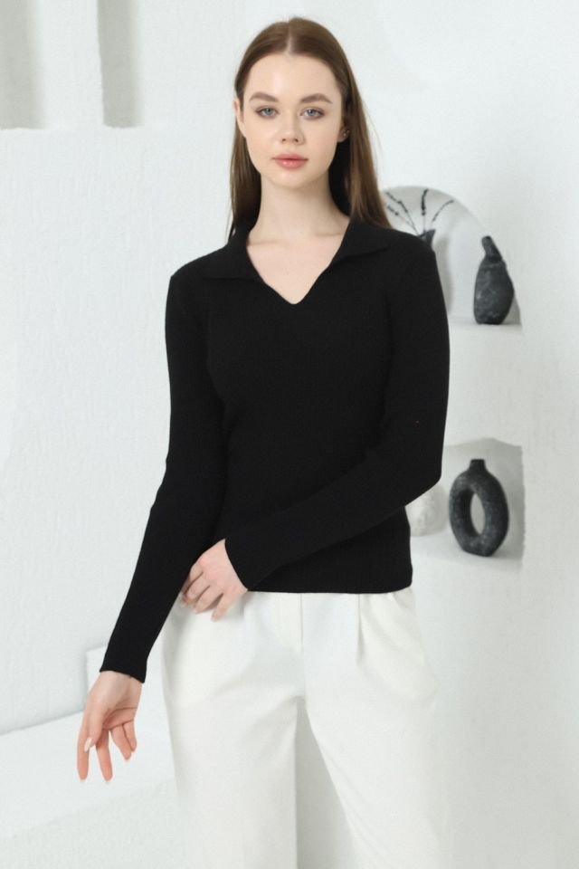 Kadın Siyah Polo V Yaka Triko Kazak