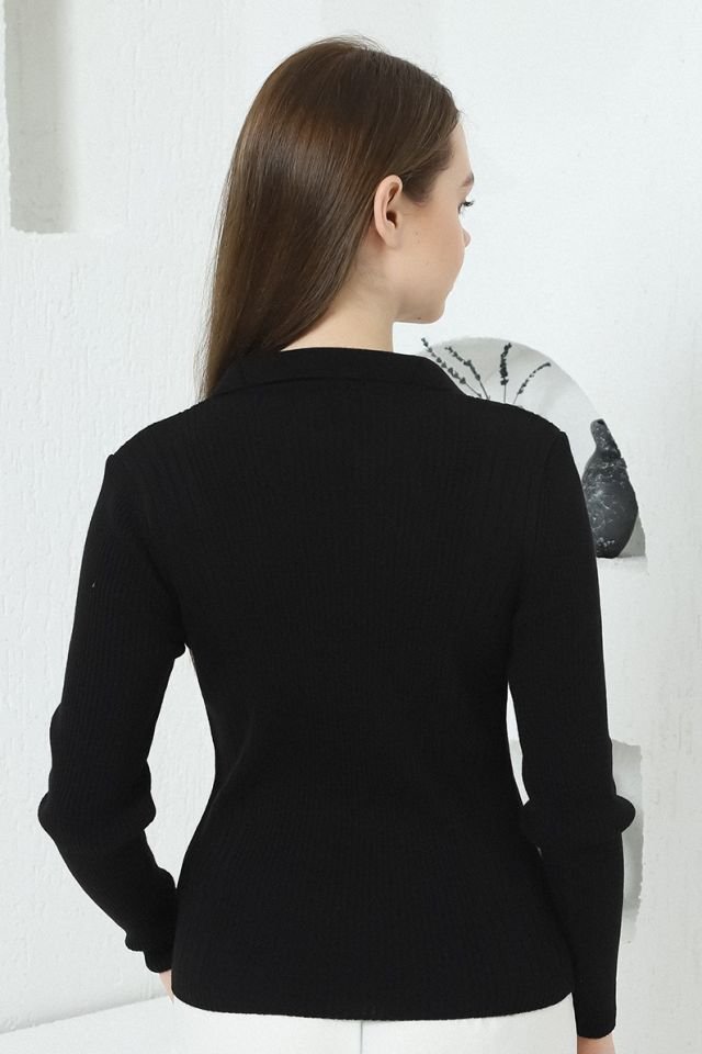 Kadın Siyah Polo V Yaka Triko Kazak