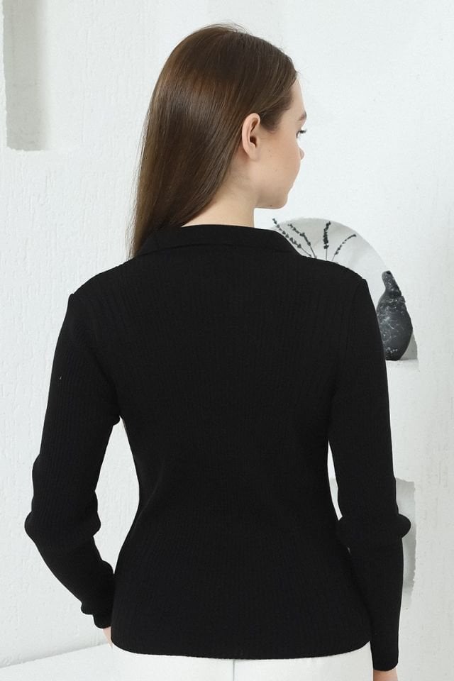 Kadın Siyah Polo V Yaka Triko Kazak