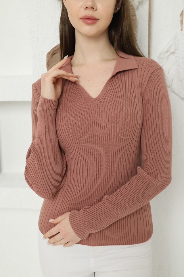 Kadın Gül Kurusu Polo V Yaka Triko Kazak