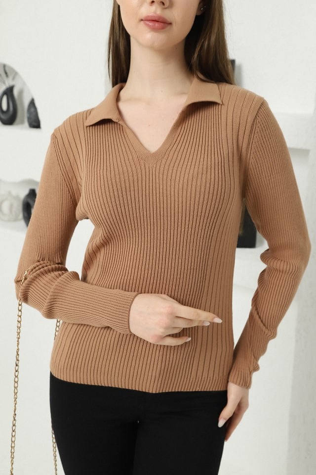 Kadın Kamel Polo V Yaka Triko Kazak