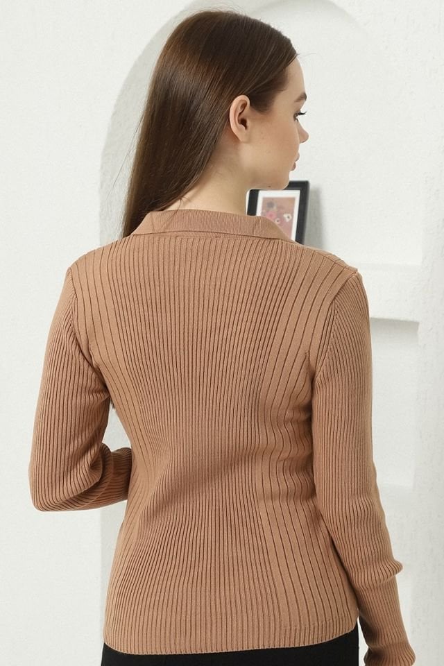 Kadın Kamel Polo V Yaka Triko Kazak