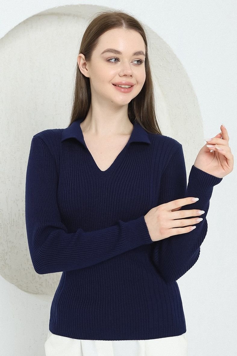 Kadın Lacivert Polo V Yaka Triko Kazak