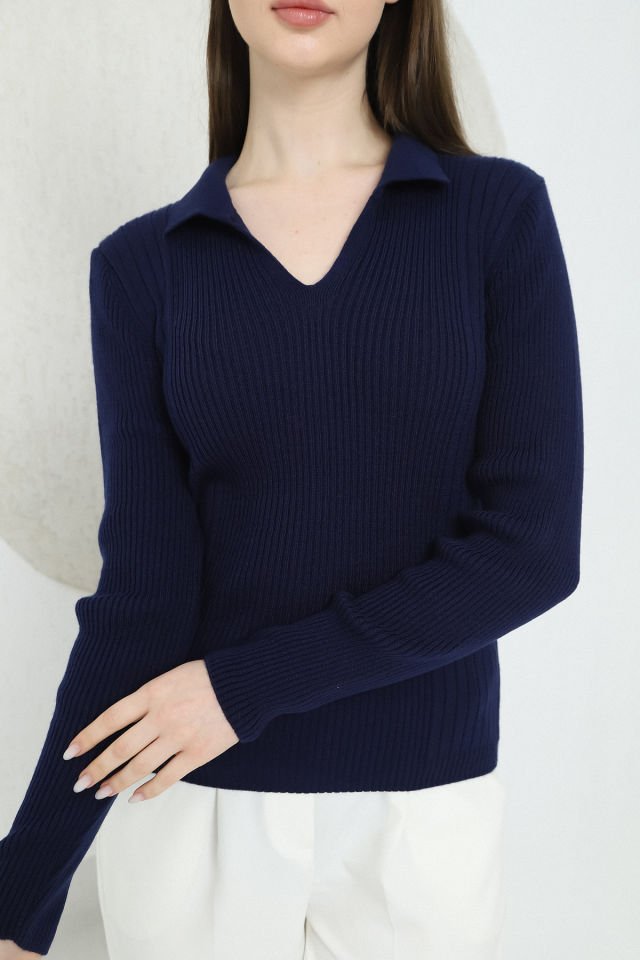 Kadın Lacivert Polo V Yaka Triko Kazak