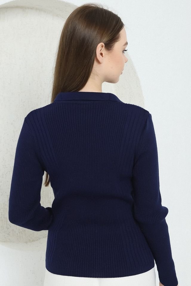 Kadın Lacivert Polo V Yaka Triko Kazak