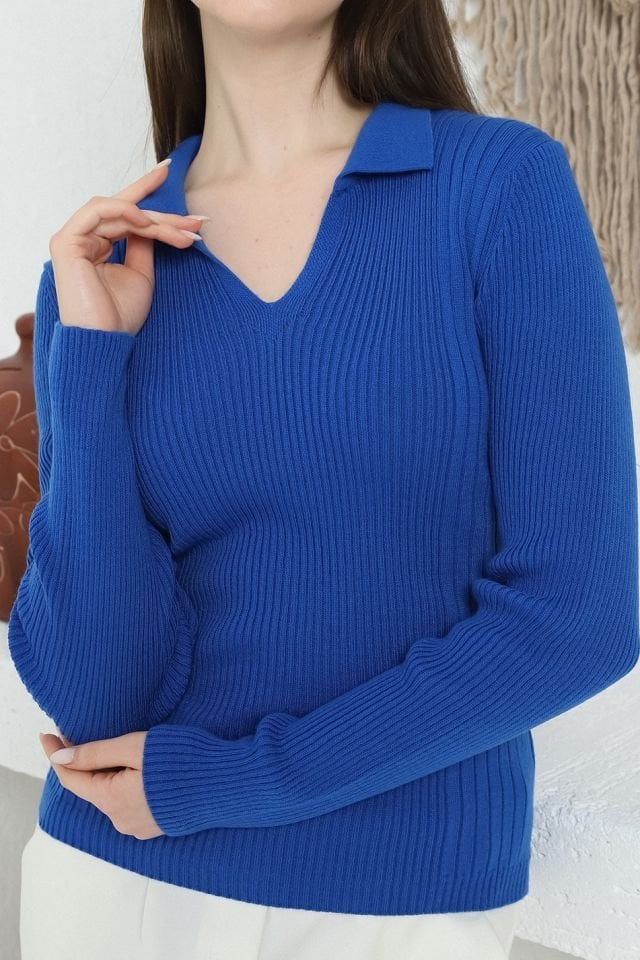 Kadın Saks Polo V Yaka Triko Kazak