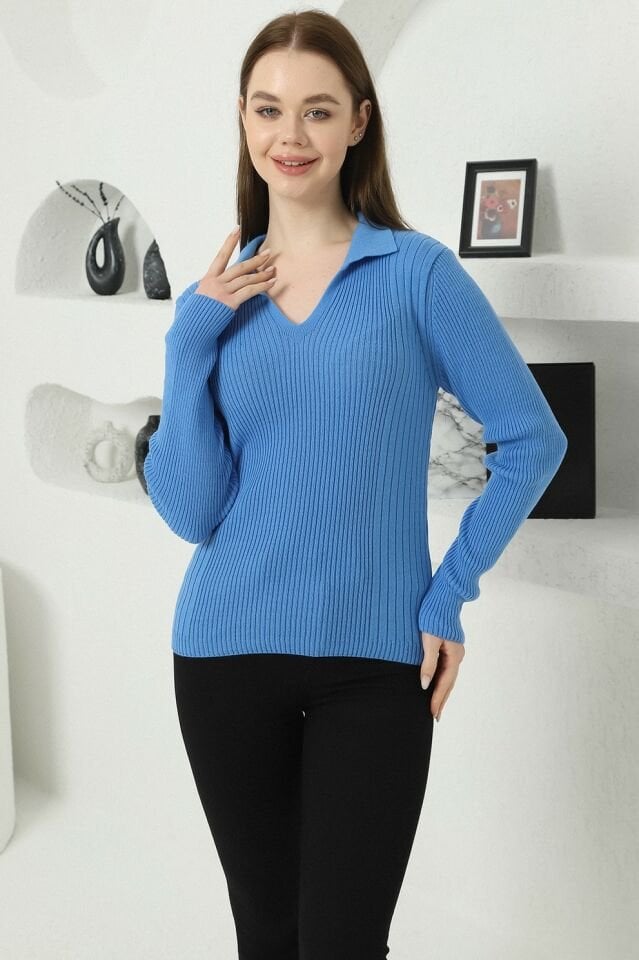 Kadın Mavi Polo V Yaka Triko Kazak