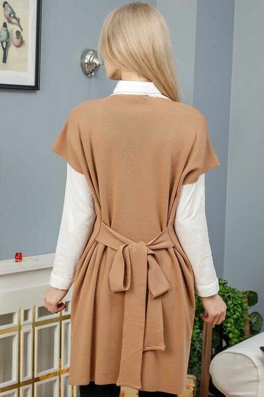 Kadın Kamel Kuşaklı V Yaka Yırtmaçlı Uzun Triko Süveter