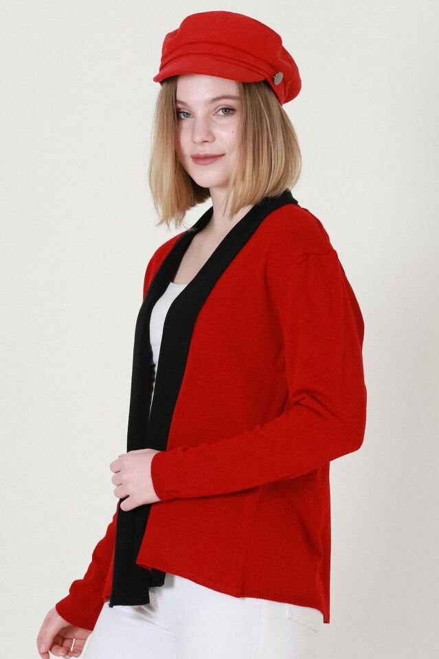 Kadın Kırmızı Siyah İki Renk Desenli Kısa Triko Hırka