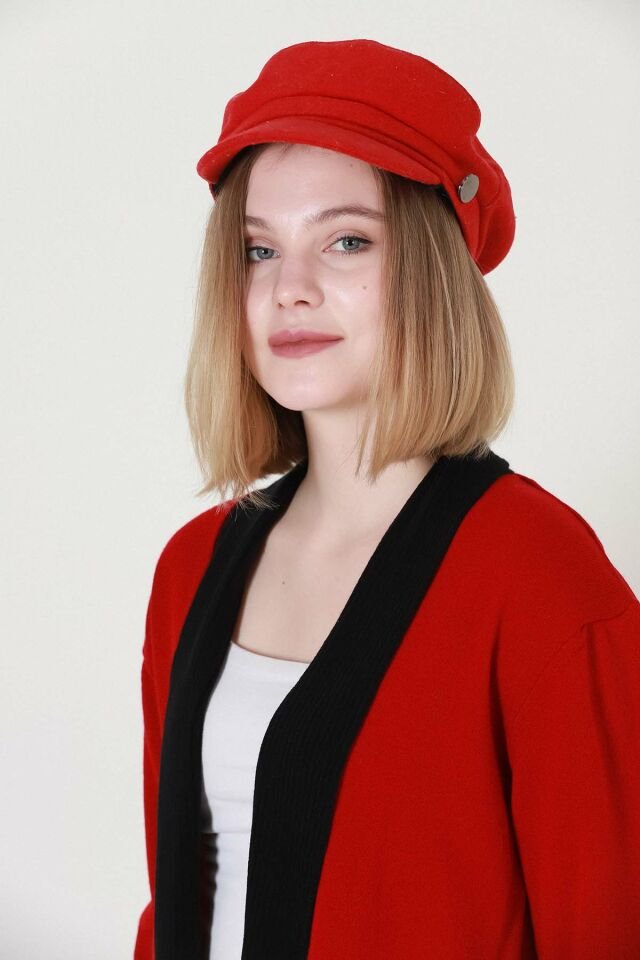 Kadın Kırmızı Siyah İki Renk Desenli Kısa Triko Hırka