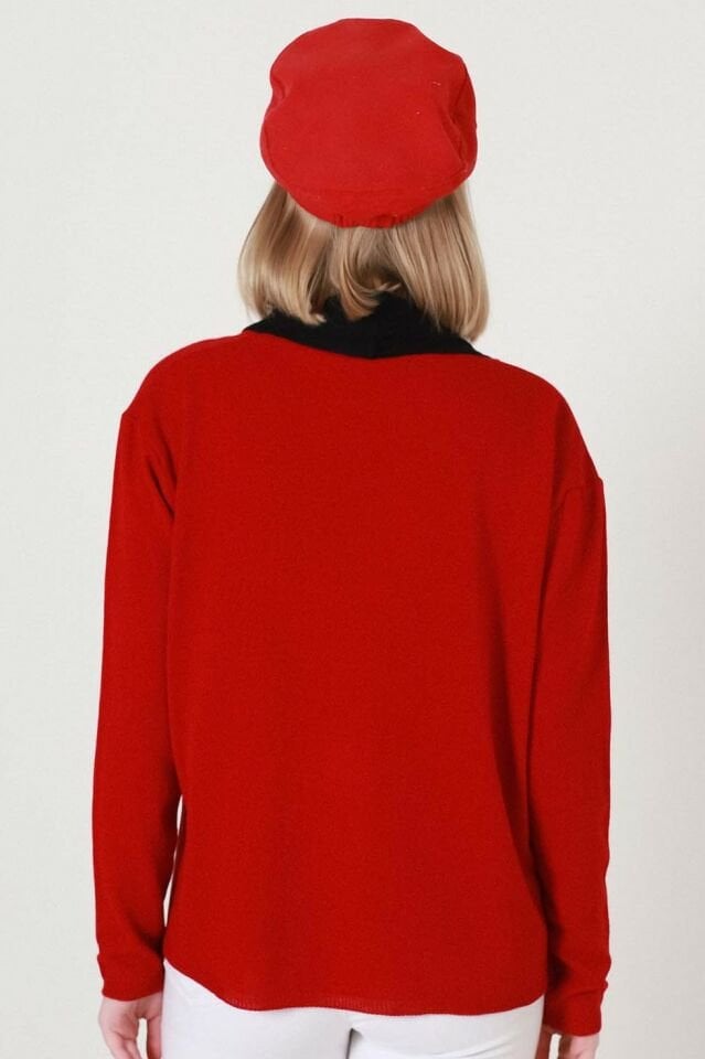 Kadın Kırmızı Siyah İki Renk Desenli Kısa Triko Hırka