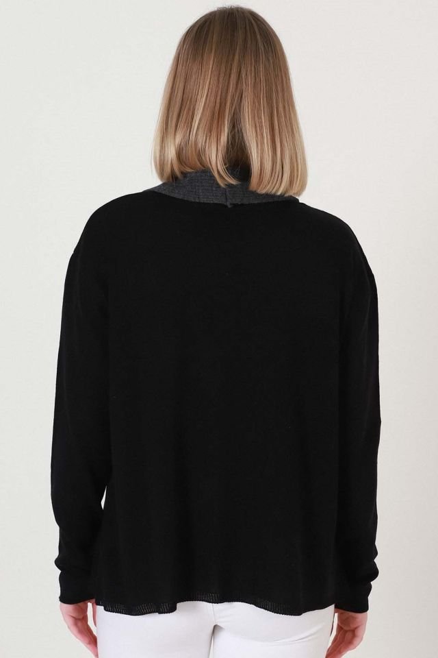 Kadın Siyah Antrasit Gri İki Renk Desenli Kısa Triko Hırka