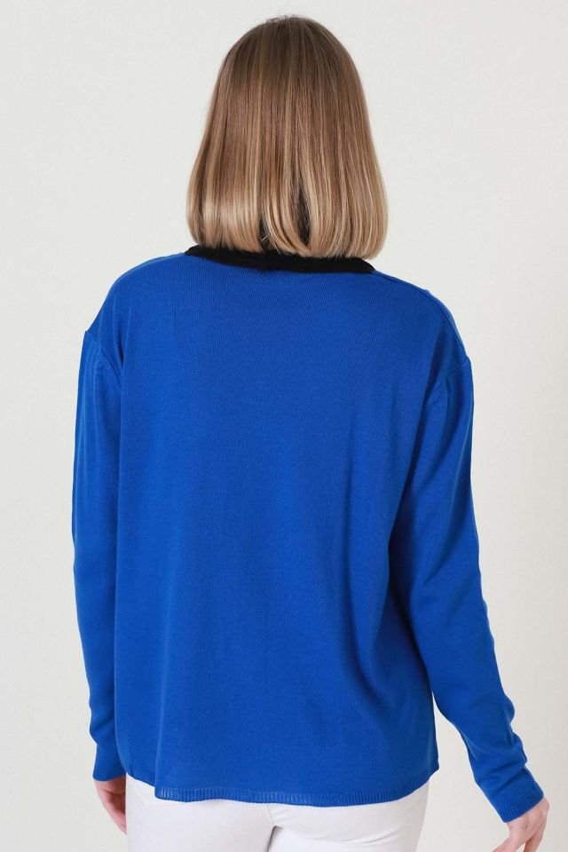 Kadın Saks Siyah İki Renk Desenli Kısa Triko Hırka