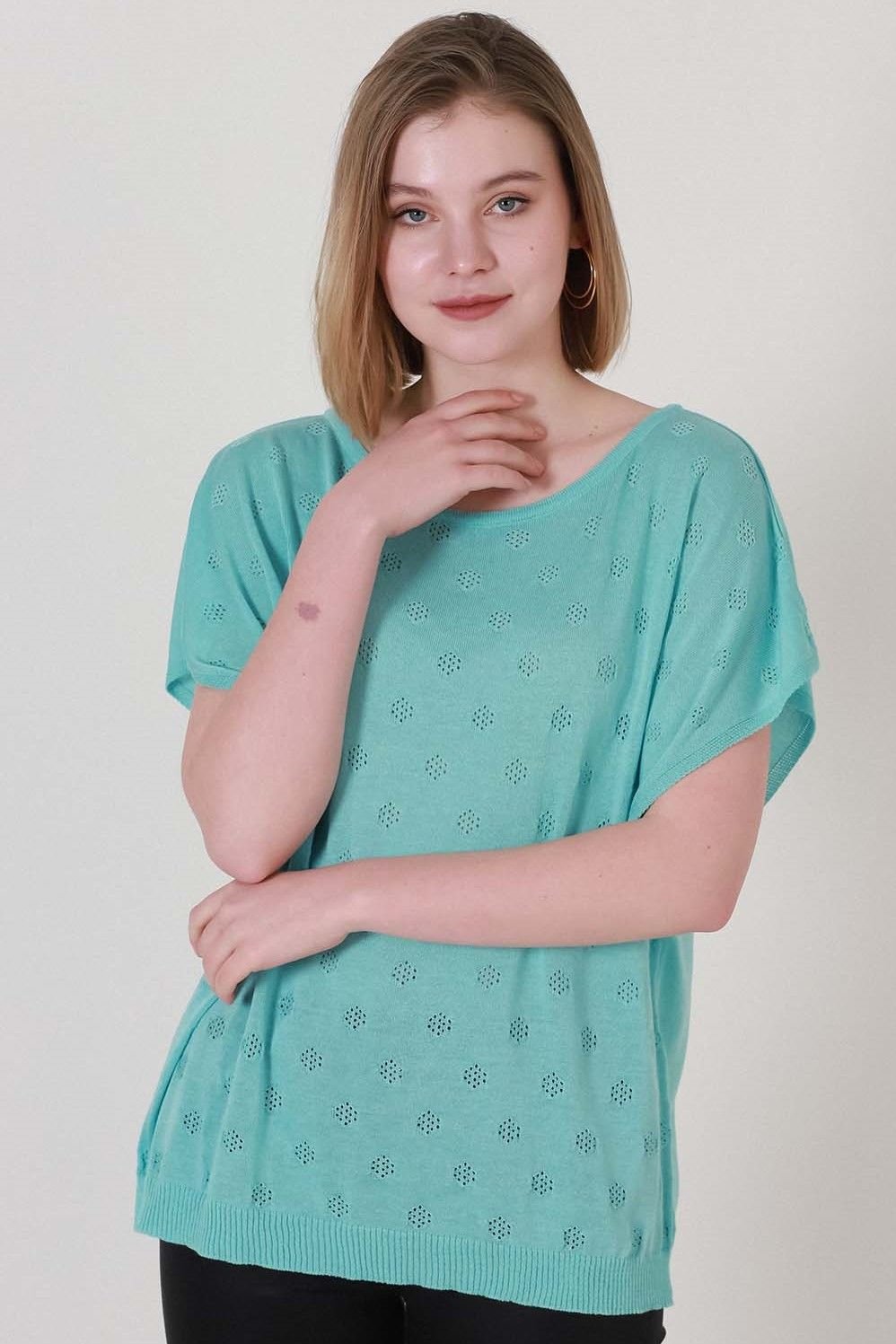 Kadın Turkuaz Düşük Kol Yazlık İnce Triko Bluz