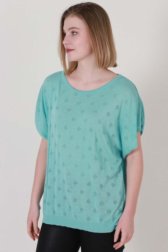 Kadın Turkuaz Düşük Kol Yazlık İnce Triko Bluz