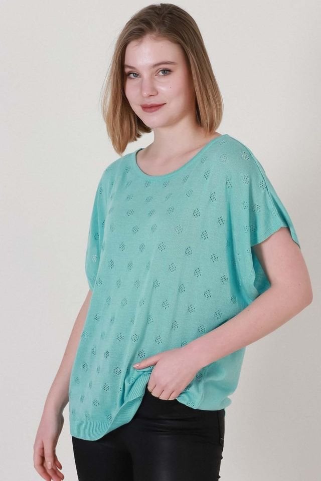 Kadın Turkuaz Düşük Kol Yazlık İnce Triko Bluz