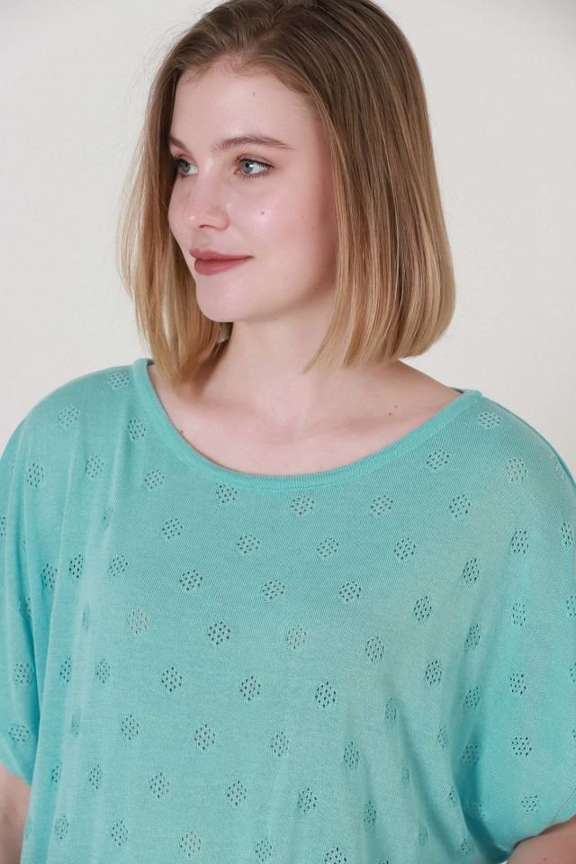 Kadın Turkuaz Düşük Kol Yazlık İnce Triko Bluz