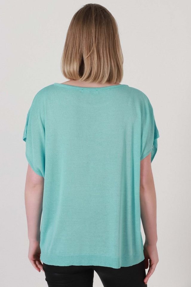 Kadın Turkuaz Düşük Kol Yazlık İnce Triko Bluz