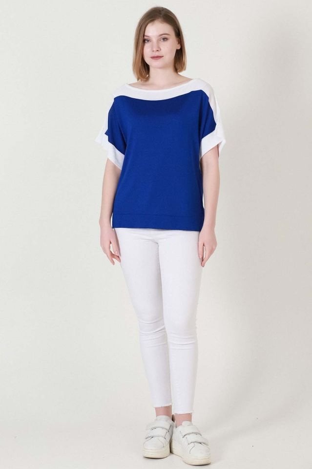 Kadın Saks Ekru Kuşak Desen Yazlık İnce Triko Bluz