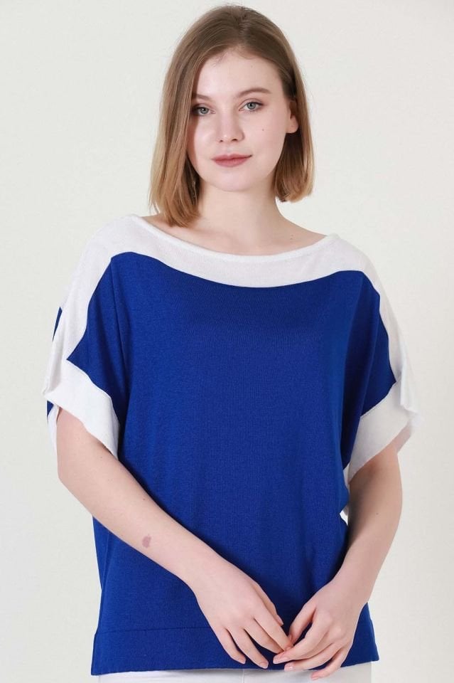 Kadın Saks Ekru Kuşak Desen Yazlık İnce Triko Bluz