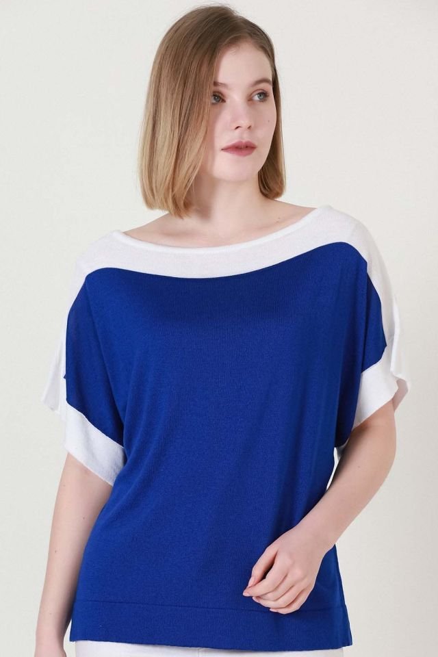 Kadın Saks Ekru Kuşak Desen Yazlık İnce Triko Bluz