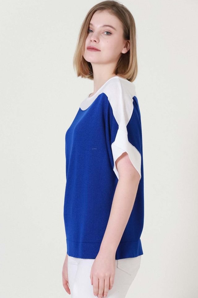 Kadın Saks Ekru Kuşak Desen Yazlık İnce Triko Bluz