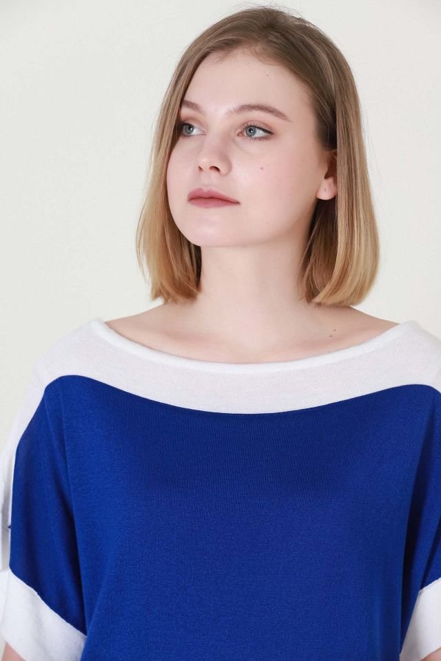 Kadın Saks Ekru Kuşak Desen Yazlık İnce Triko Bluz