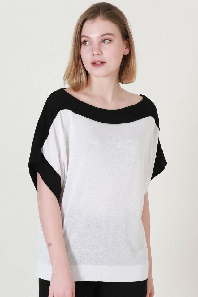 Kadın Ekru Siyah Kuşaklı Yazlık İnce Triko Bluz