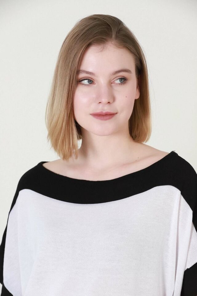 Kadın Ekru Siyah Kuşaklı Yazlık İnce Triko Bluz