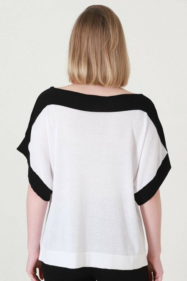 Kadın Ekru Siyah Kuşaklı Yazlık İnce Triko Bluz