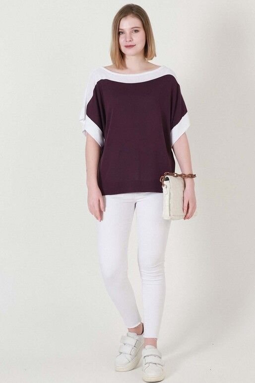Kadın Bordo Ekru Kuşaklı Yazlık İnce Triko Bluz