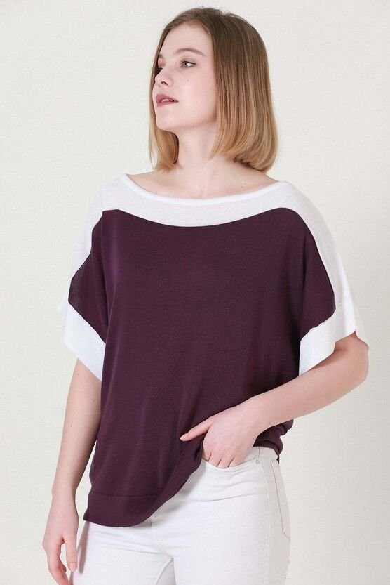 Kadın Bordo Ekru Kuşaklı Yazlık İnce Triko Bluz