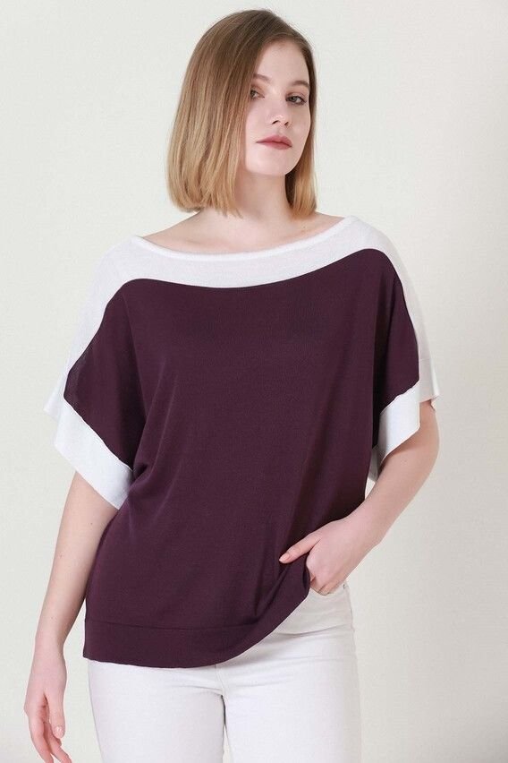 Kadın Bordo Ekru Kuşaklı Yazlık İnce Triko Bluz