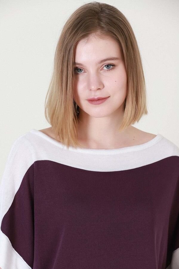 Kadın Bordo Ekru Kuşaklı Yazlık İnce Triko Bluz