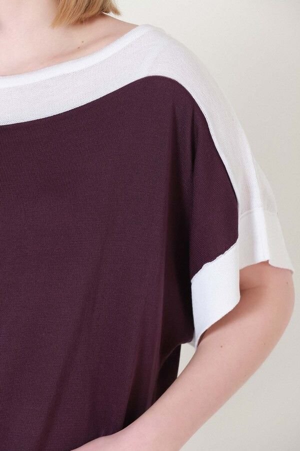 Kadın Bordo Ekru Kuşaklı Yazlık İnce Triko Bluz