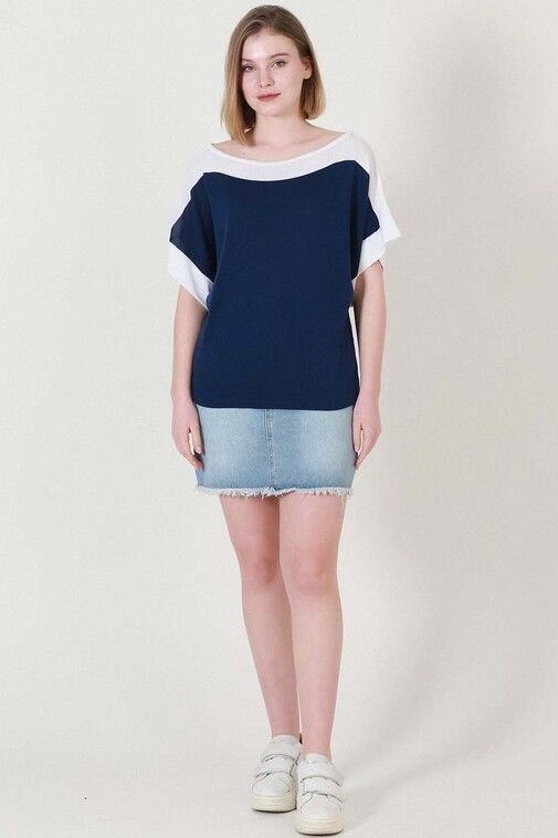 Kadın Lacivert Ekru Kuşaklı Yazlık İnce Triko Bluz