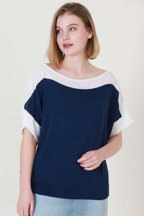 Kadın Lacivert Ekru Kuşaklı Yazlık İnce Triko Bluz