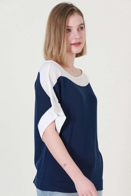 Kadın Lacivert Ekru Kuşaklı Yazlık İnce Triko Bluz