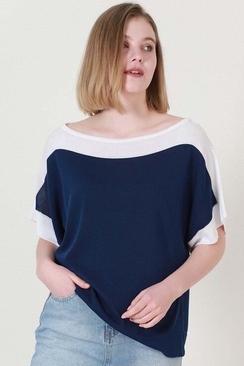 Kadın Lacivert Ekru Kuşaklı Yazlık İnce Triko Bluz