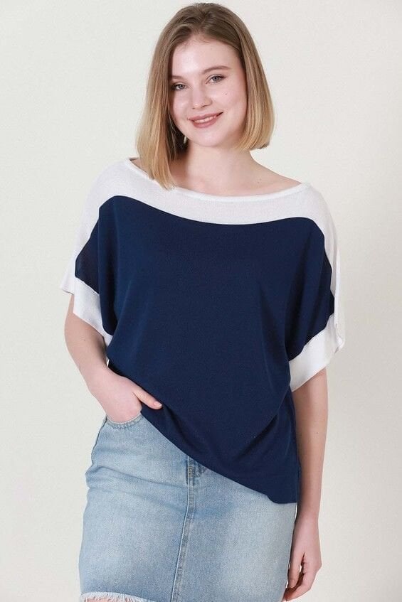 Kadın Lacivert Ekru Kuşaklı Yazlık İnce Triko Bluz