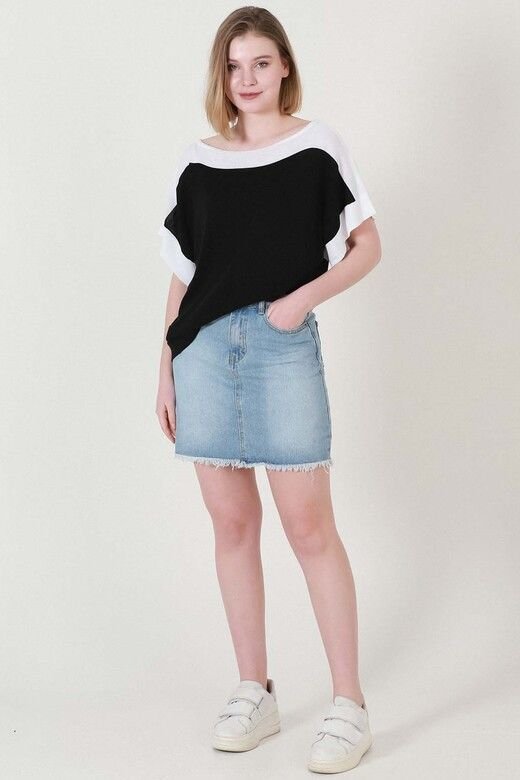 Kadın Siyah Ekru Kuşaklı Yazlık İnce Triko Bluz