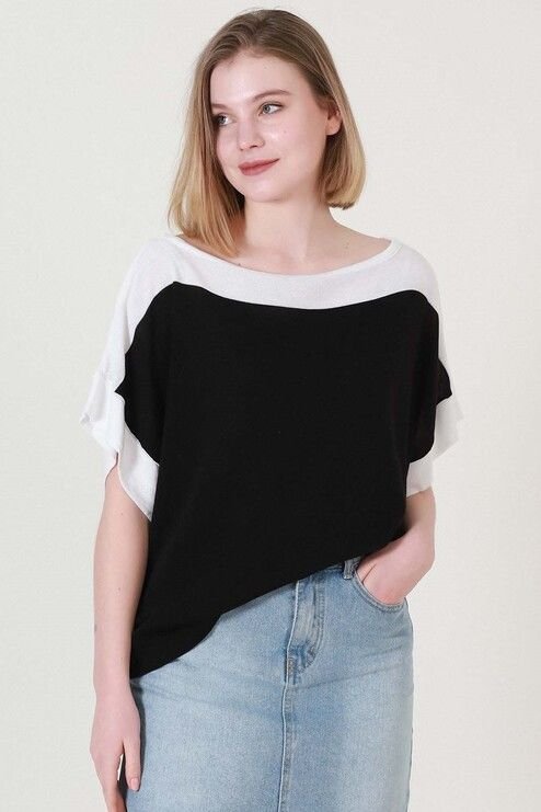 Kadın Siyah Ekru Kuşaklı Yazlık İnce Triko Bluz